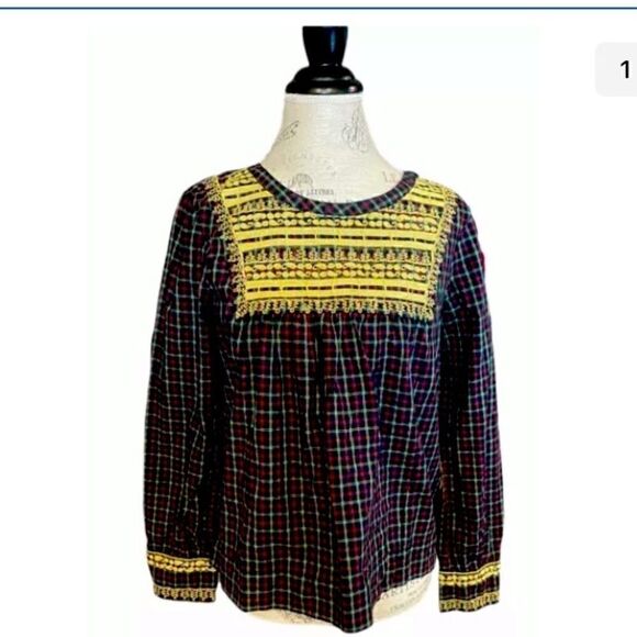 NWT JCREW $88 Embroidered peasant top in plaid - Picture 1 of 10
